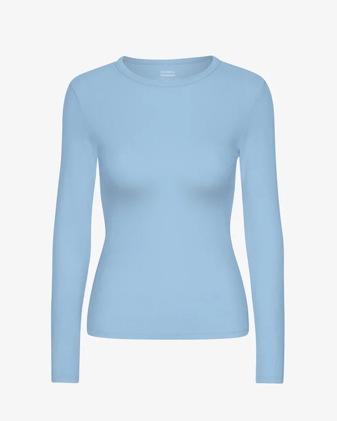 Långärmad ribbad T-shirt för damer i ekologiskt bomull – Seaside Blue