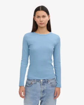 Långärmad ribbad T-shirt för damer i ekologiskt bomull – Seaside Blue