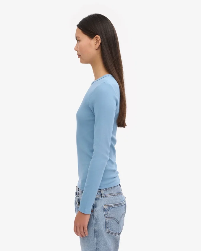 Långärmad ribbad T-shirt för damer i ekologiskt bomull – Seaside Blue