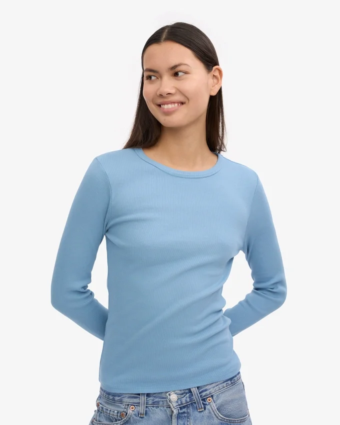 Långärmad ribbad T-shirt för damer i ekologiskt bomull – Seaside Blue