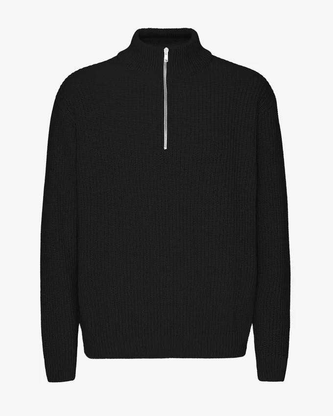 Merino Tröja med kort dragkedja – djupsvart