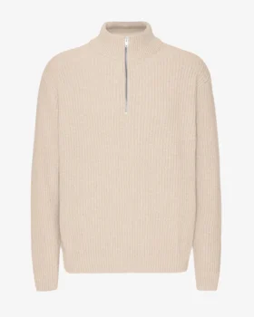 Merino-tröja med kort dragkedja – elfenbensvit