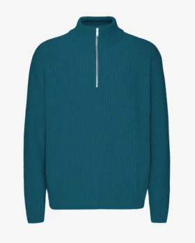 Merino-tröja med kort dragkedja – havsgrön