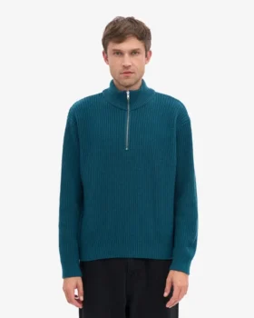 Merino-tröja med kort dragkedja – havsgrön