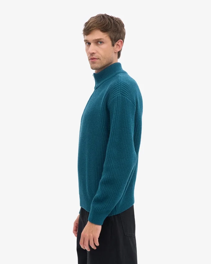 Merino-tröja med kort dragkedja – havsgrön
