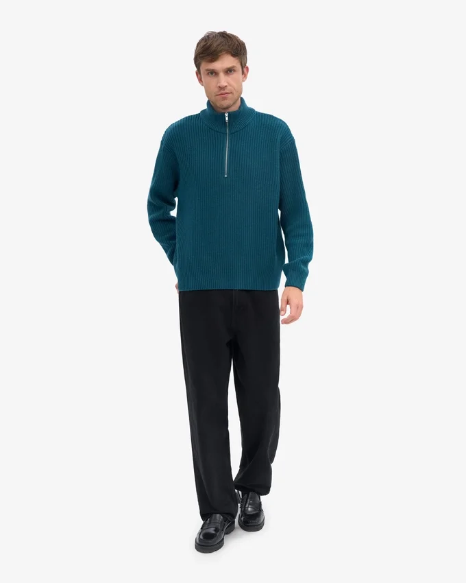 Merino-tröja med kort dragkedja – havsgrön