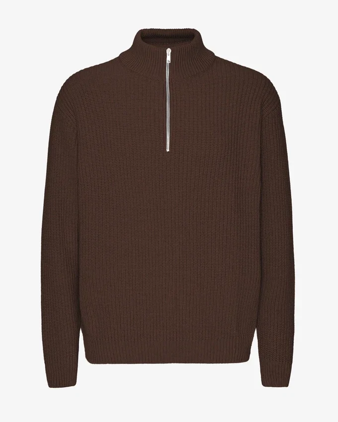 Merino Tröja med kort dragkedja – kaffebrun