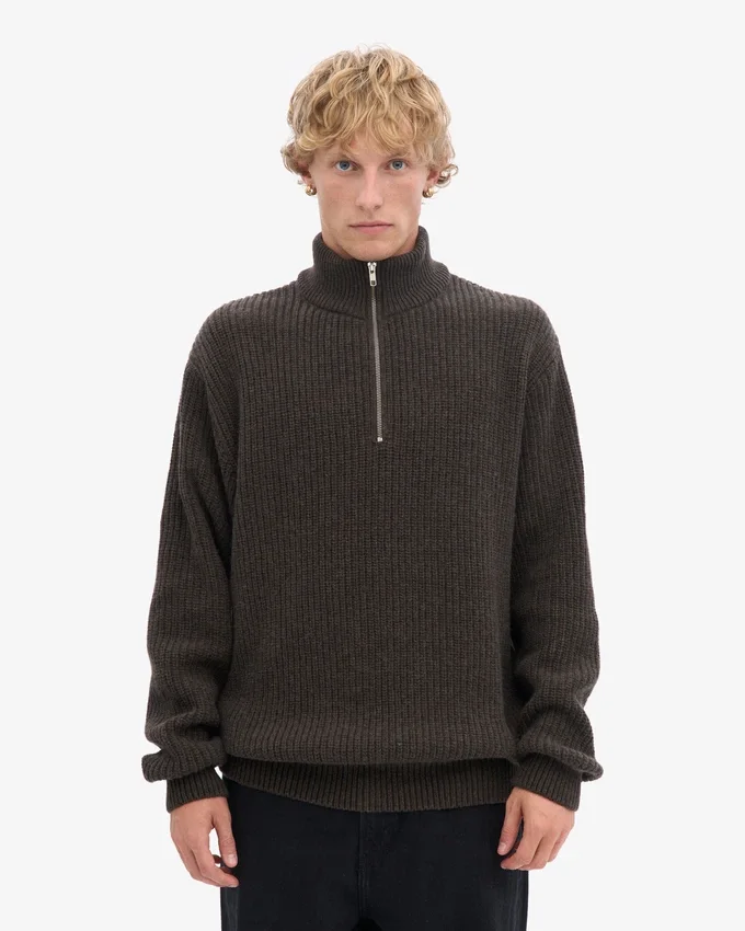 Merino Tröja med kort dragkedja – kaffebrun