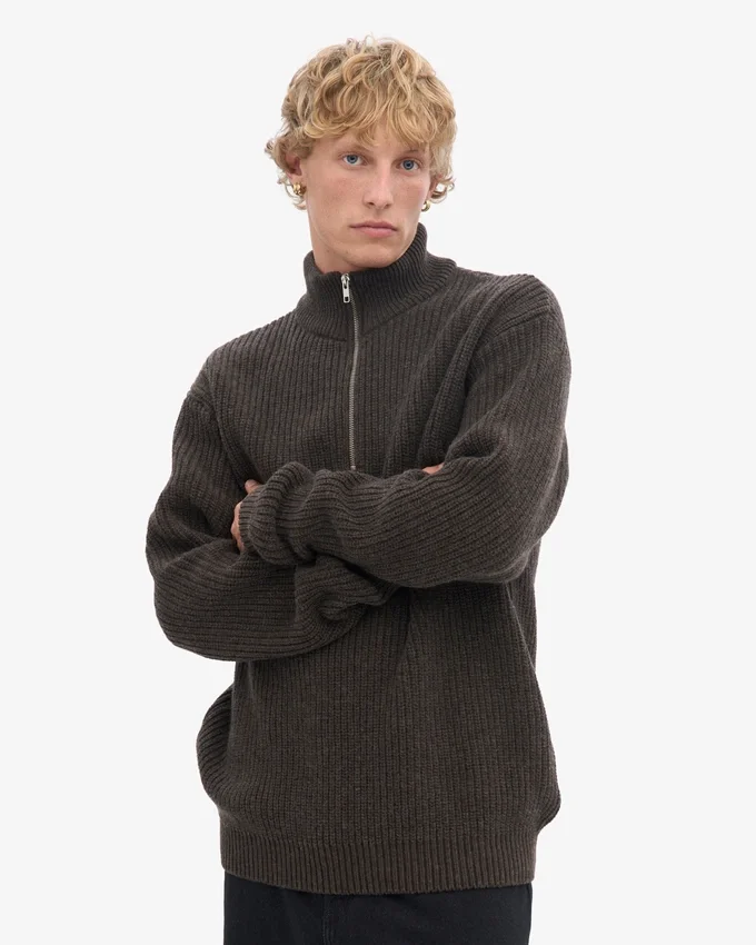 Merino Tröja med kort dragkedja – kaffebrun