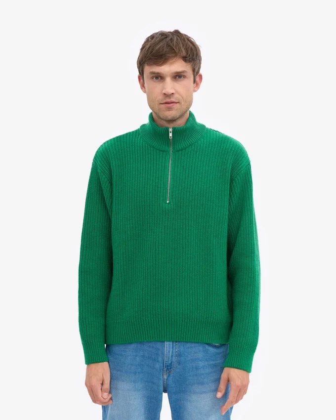 Merino-tröja med kort dragkedja – kellygrön