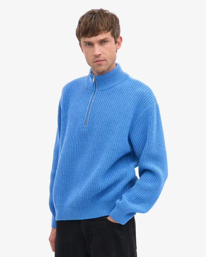 Merinotröja med kort dragkedja – Pacific Blue
