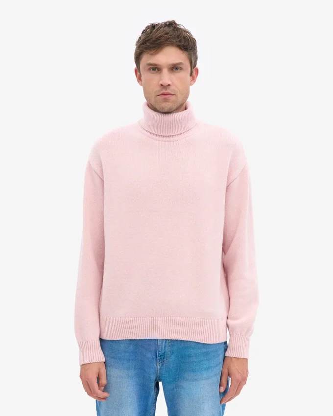 Merinoullströja med hög hals – blekt rosa