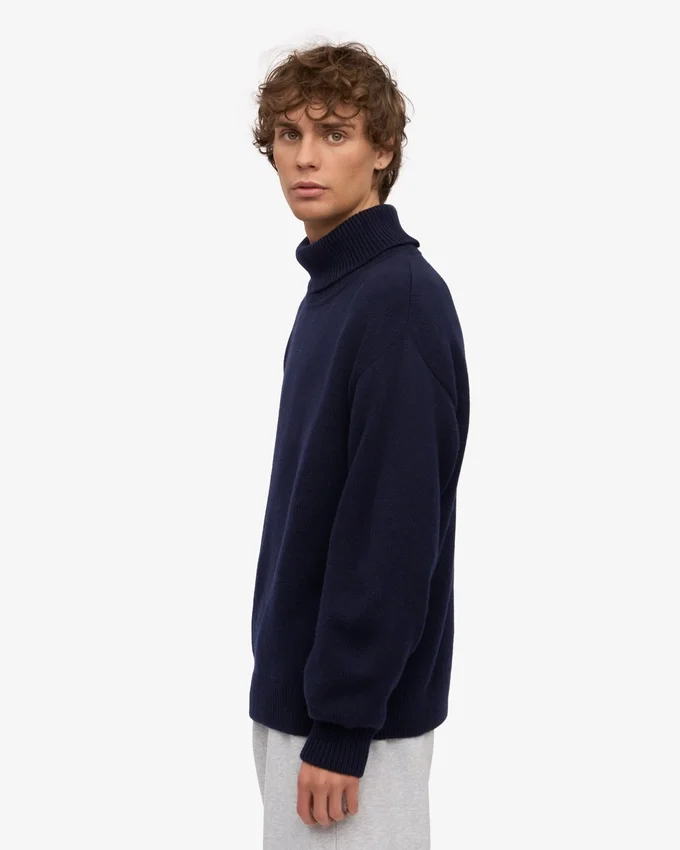 Merinoullströja med hög hals – Navy Blue
