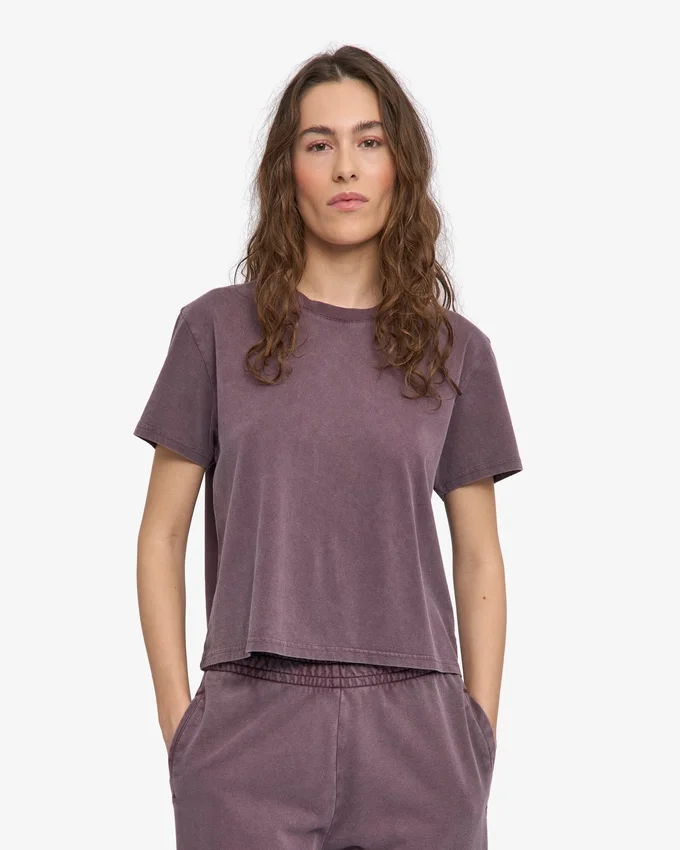 Organisk, boxig, kort T-shirt – blekt druvblå