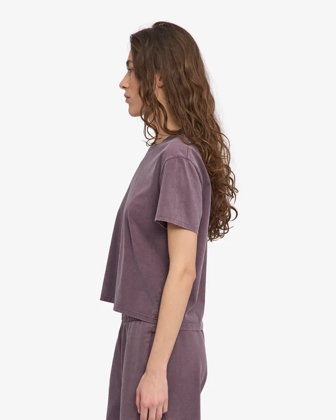 Organisk, boxig, kort T-shirt – blekt druvblå