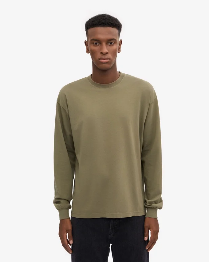 Överdimensionerad ekologisk långärmad T-shirt – dammig olivgrön