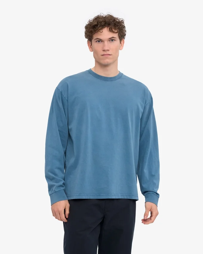 Överdimensionerad ekologisk T-shirt med lång ärm – blekt indigo