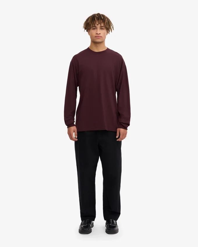 Överdimensionerad ekologisk T-shirt med lång ärm – oxblodsröd