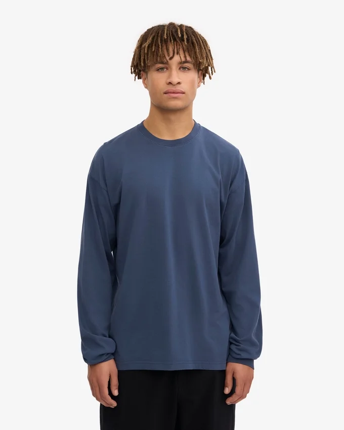 Överdimensionerad ekologisk T-shirt med lång ärm – petrolblå