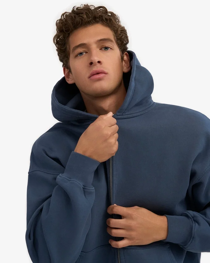 Överdimensionerad hoodie i ekologisk bomull med dragkedja – petrolblå