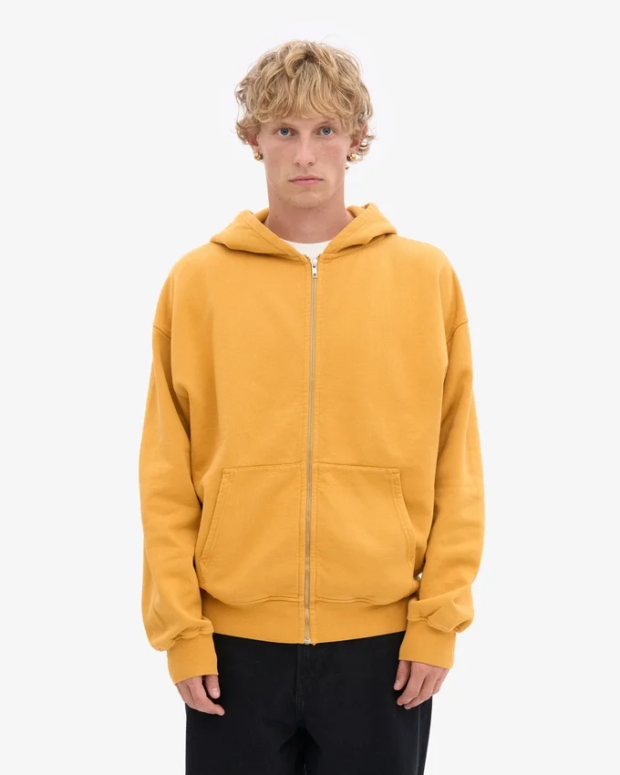 Överdimensionerad hoodie i ekologisk merinoull med dragkedja – bränd gul