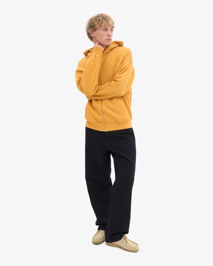 Överdimensionerad hoodie i ekologisk merinoull med dragkedja – bränd gul