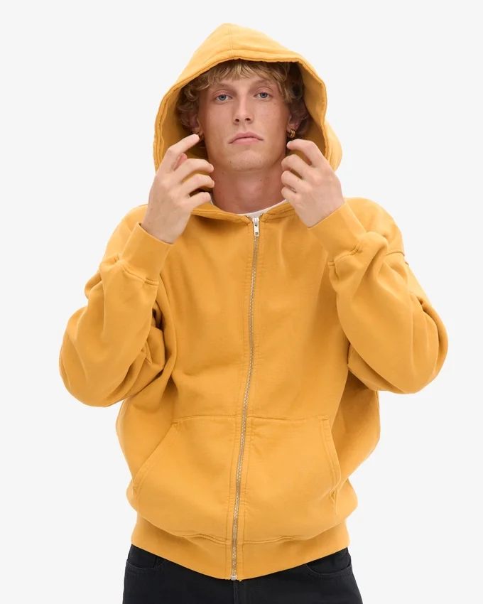 Överdimensionerad hoodie i ekologisk merinoull med dragkedja – bränd gul