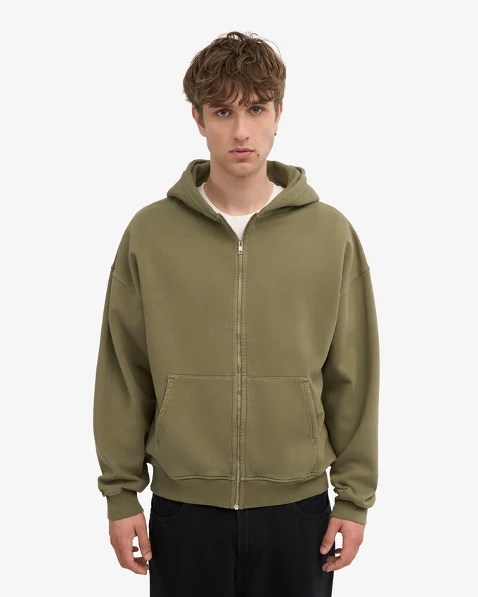 Överdimensionerad hoodie i ekologiskt bomull med dragkedja – dammig olivgrön