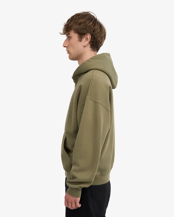 Överdimensionerad hoodie i ekologiskt bomull med dragkedja – dammig olivgrön