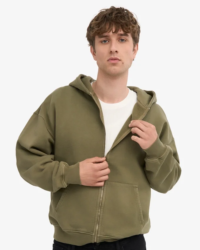 Överdimensionerad hoodie i ekologiskt bomull med dragkedja – dammig olivgrön