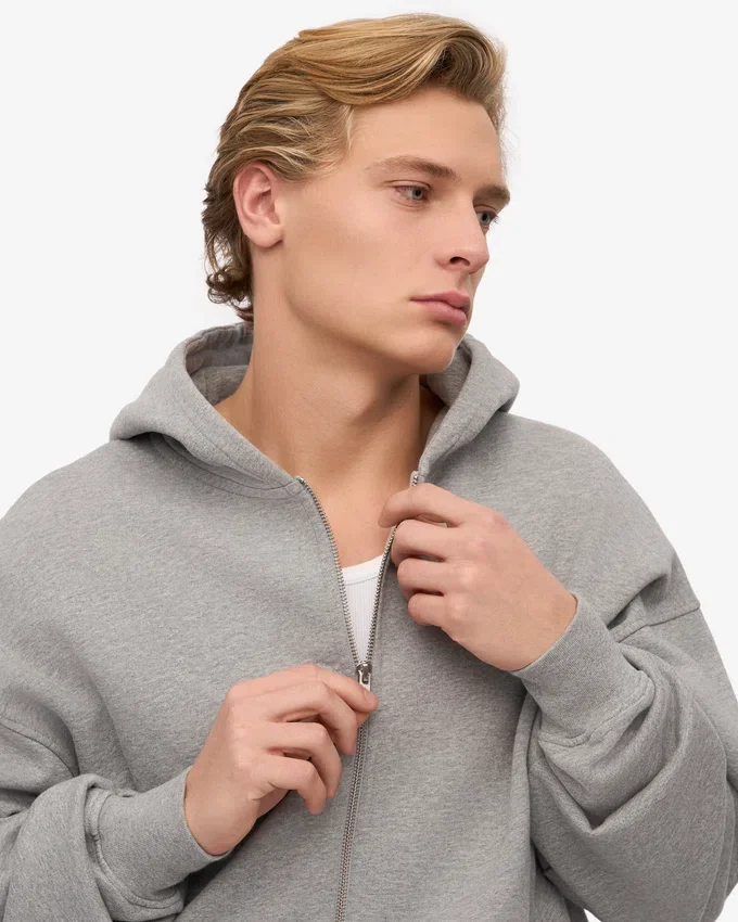 Överdimensionerad hoodie i ekologiskt bomull med dragkedja – melerad grå
