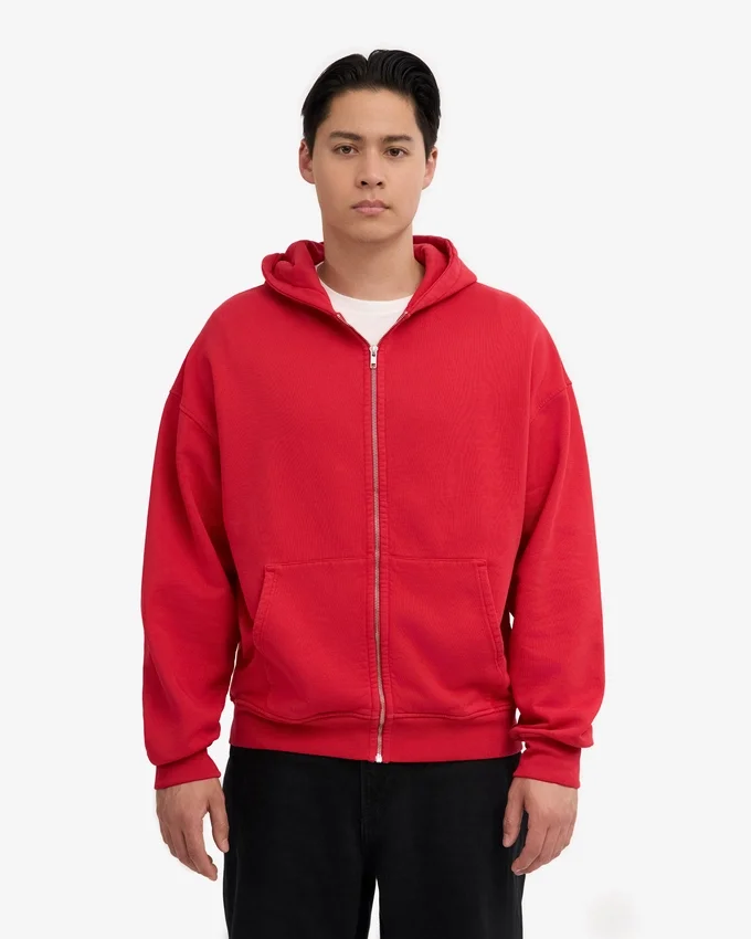 Överdimensionerad hoodie i ekologiskt bomull med dragkedja – scharlakansröd