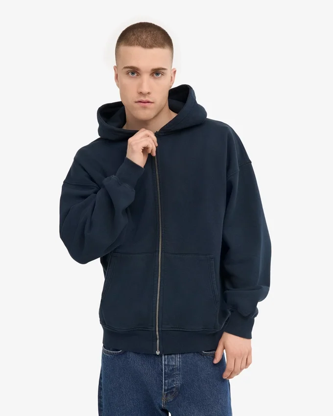 Överdimensionerad hoodie i ekologiskt tyg med dragkedja – marinblå